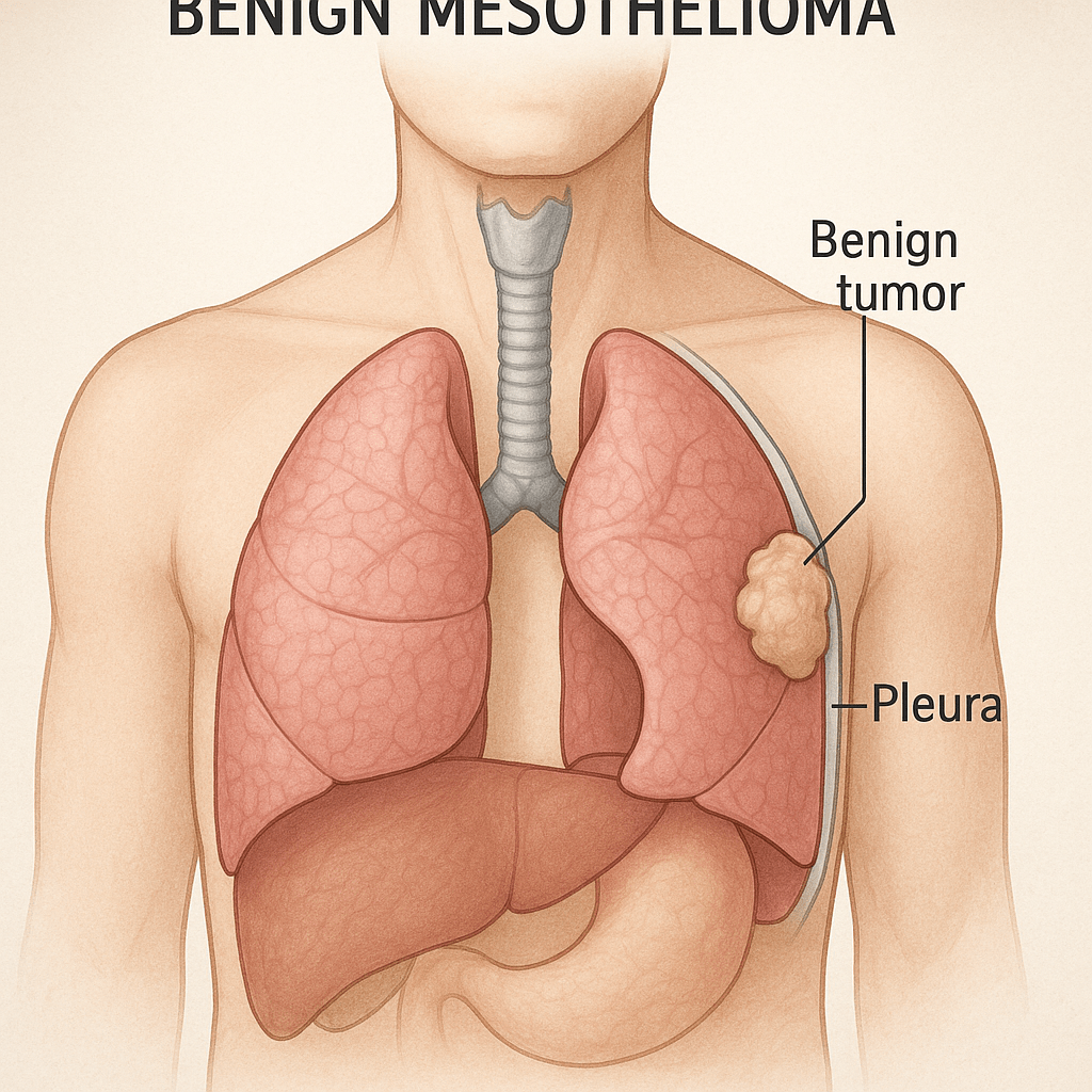 Diagram of benign mesothelioma showing a non-cancerous tumor on the pleura surrounding the lungs