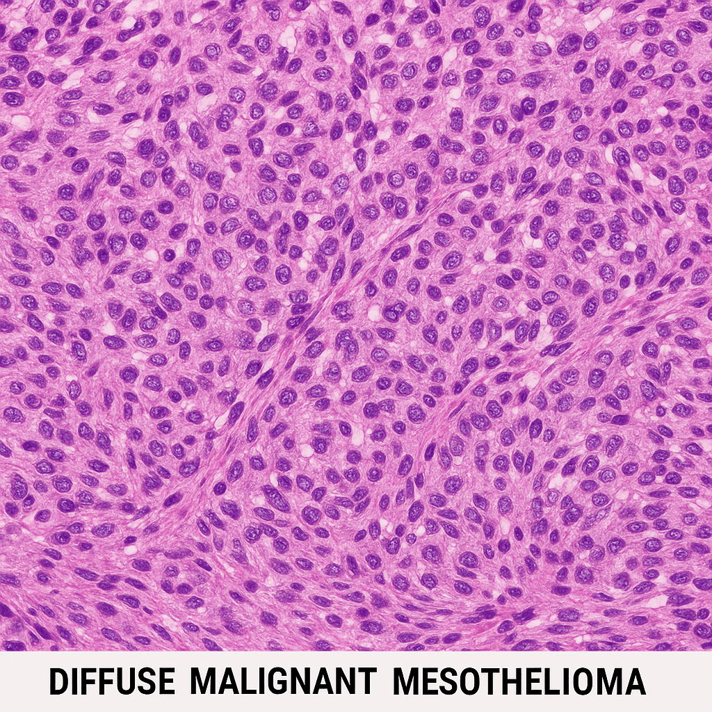 Microscopic view showing densely packed malignant mesothelial cells characteristic of diffuse malignant mesothelioma