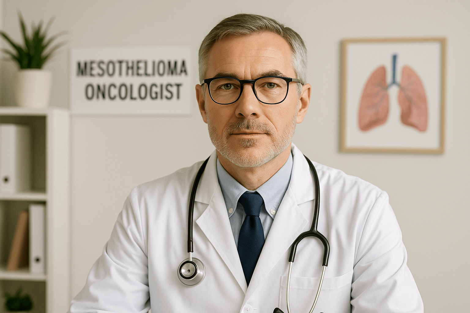 Experienced mesothelioma oncologist in a white coat with stethoscope, standing in a medical office