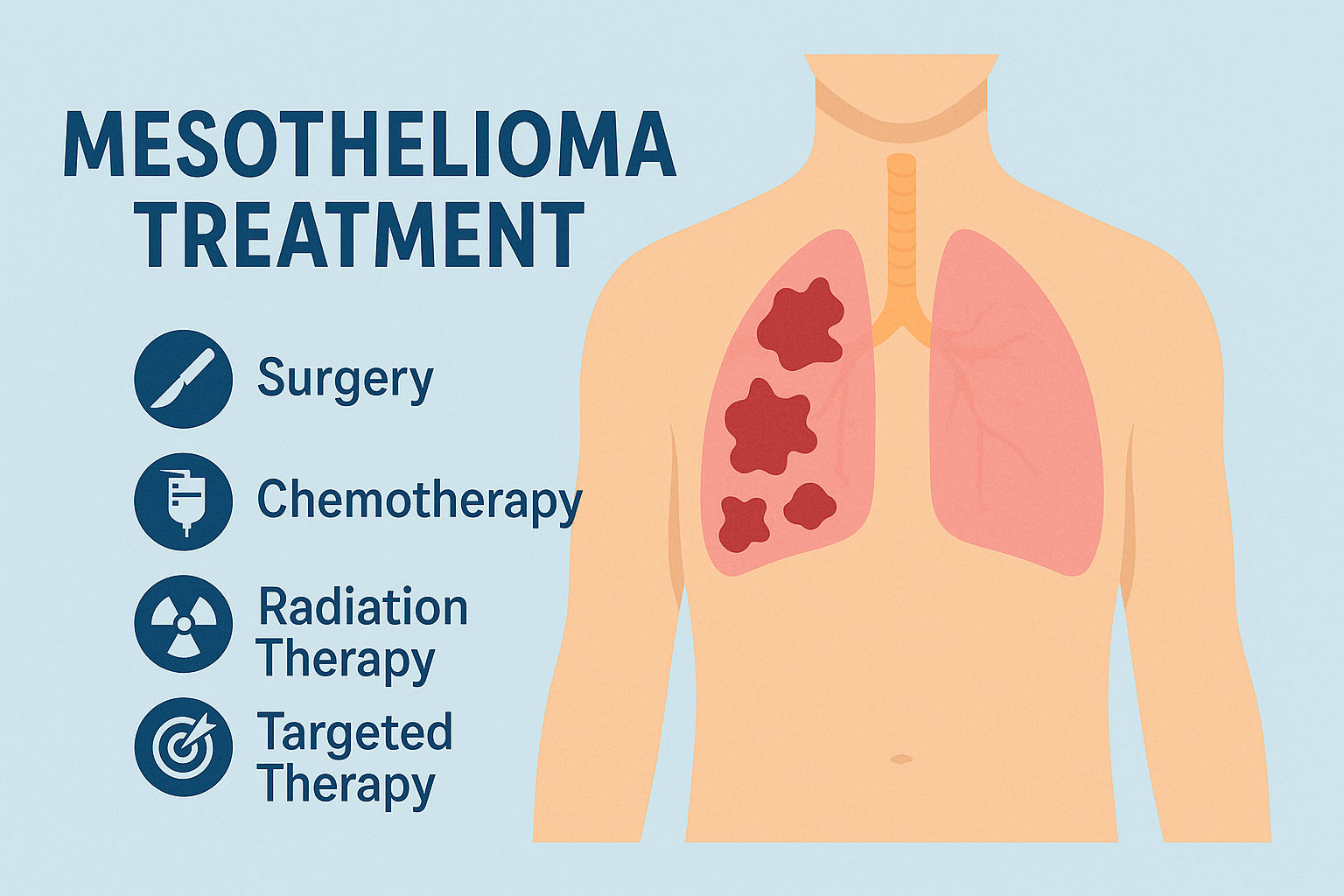 Medical infographic showing treatment options for mesothelioma, including surgery, chemotherapy, radiation therapy, and targeted therapy with an anatomical illustration of affected lungs.
