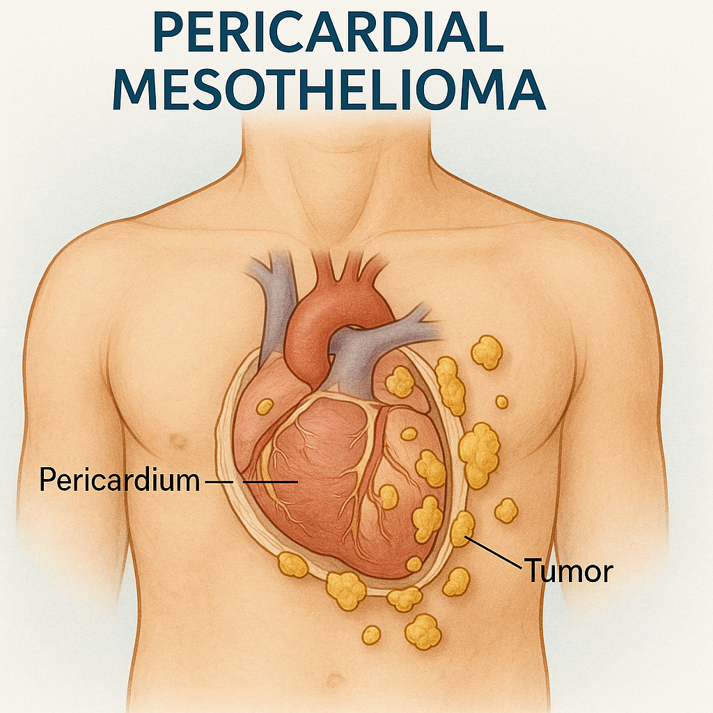 Anatomical diagram showing tumors on the pericardium surrounding the heart, illustrating pericardial mesothelioma