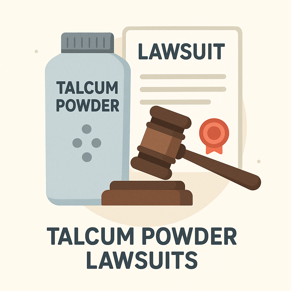 Illustration of a talcum powder container, a judge’s gavel, and a lawsuit document symbolizing legal actions related to talcum powder.