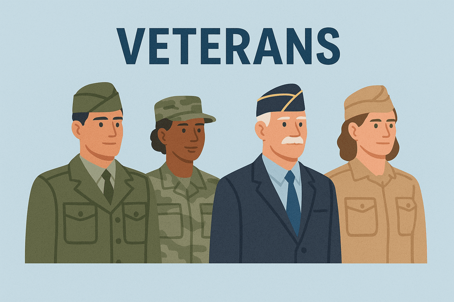 Illustration of four diverse veterans in various military uniforms standing together under the title "VETERANS" on a light blue background.