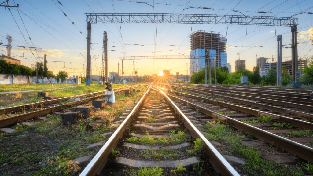 Railroad tracks disappearing into the distance with subtle warning symbols for asbestos.
