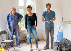 Renovation team taking a break together at a home construction site